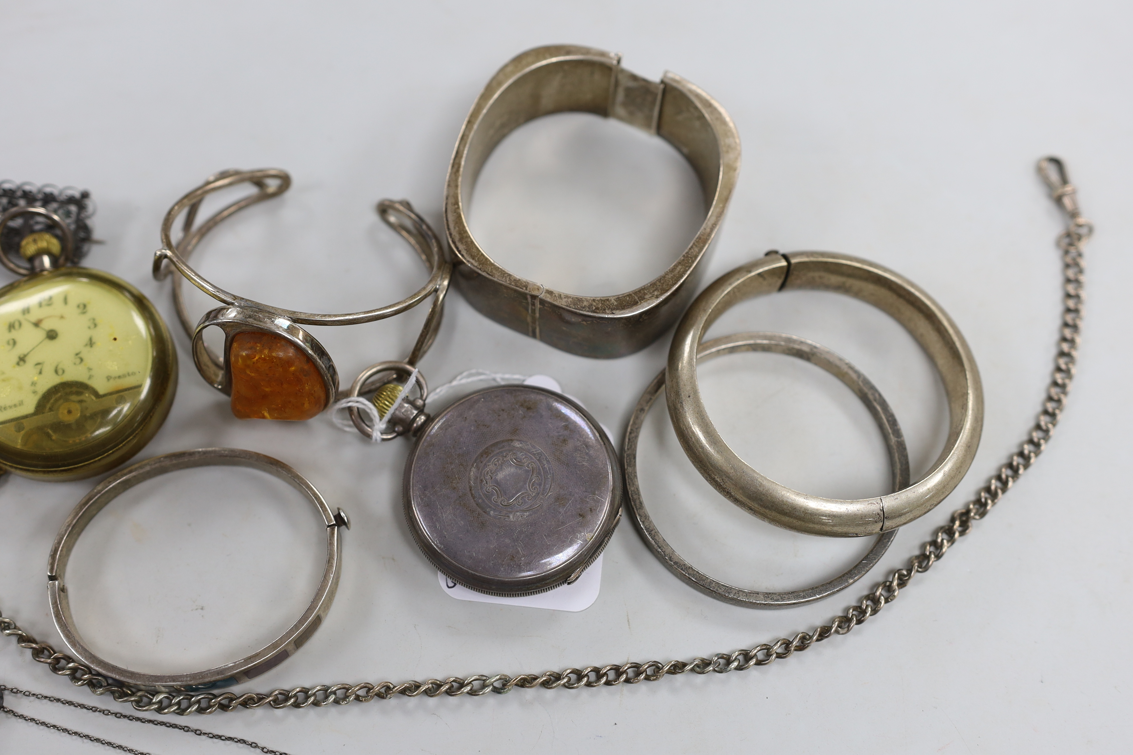 Three assorted pocket watches including silver Record and small quantity of mainly silver or white metal jewellery including an albert hung with a large Sampson Mordan & Co silver cased propelling pencil.